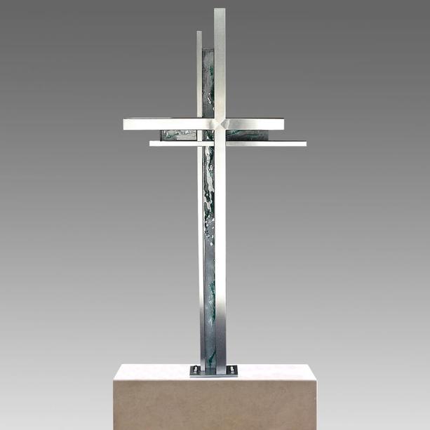 Modernes Edelstahl Grabkreuz mit Glas Kreuz - Salvoro