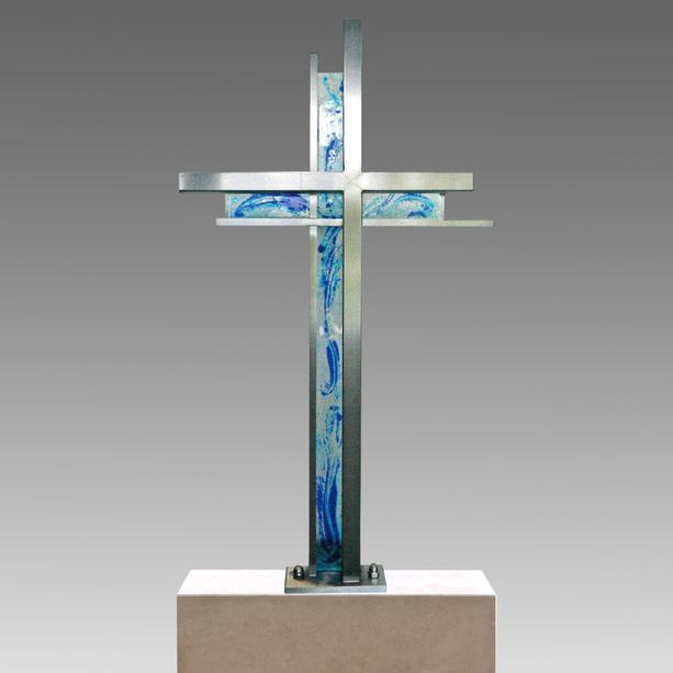 Stilvolles Grabkreuz aus Edelstahl mit Glas Kreuz - Rerum