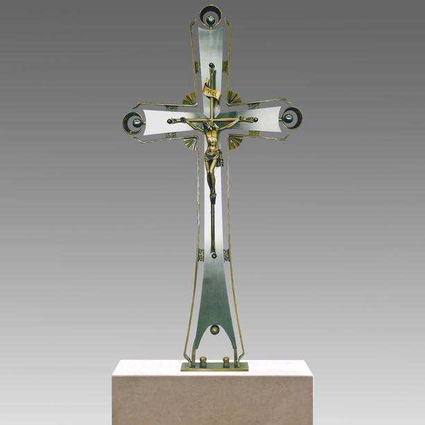 Edelstahl Grabkreuz mit Bronze - mit Christus Figur - Spiro