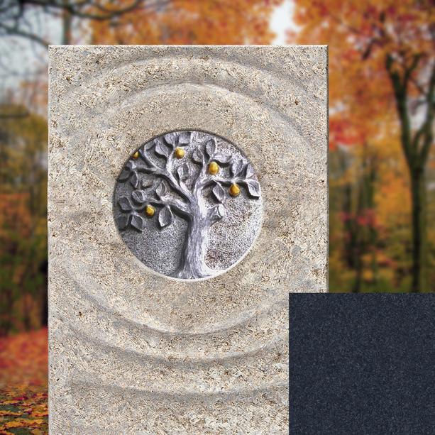 Muschelkalk Doppelgrabstein zweiteilig hell/dunkel mit Lebensbaumrelief - Sovello Albero