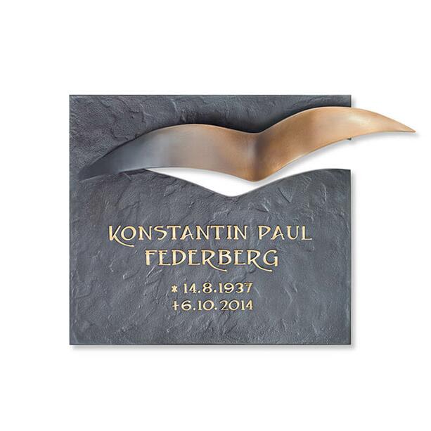 Moderne Bronze Schrifttafel mit Vogelmotiv in braun oder grau - Aviculo