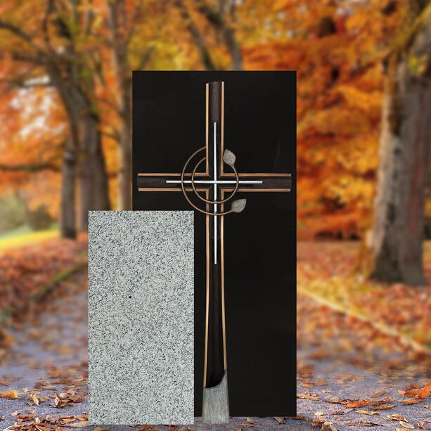 Christlicher Urnengrabstein hell & dunkel mit Bronze Kreuz - Cruzis Fontane