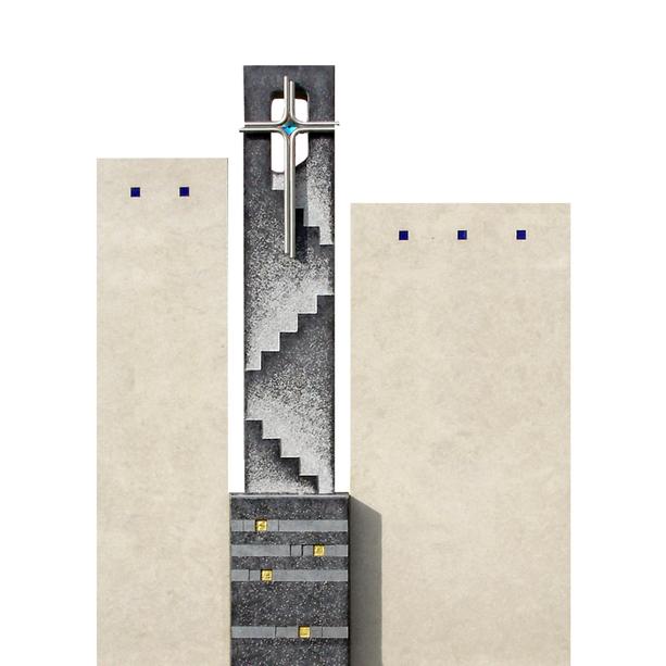 Grabstein Naturstein dreiteilig farbiges Glas & Kreuz - Sottana